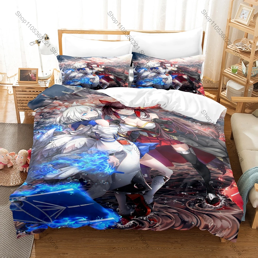 Cool Naval Anime Azur Lane All Ship Girls Character Print Duvet Cover + 2 Pillowcases Soft Microfiber Gamer Room Bedding Home Te