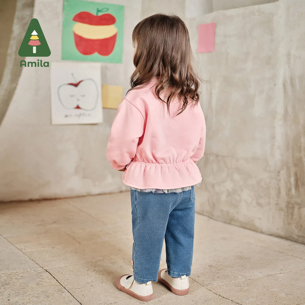 Amila 2024 Spring New Girls Sweatshirt Kids Tops Pullover Animal Pattern Ruffles Sweet Cute Round Neck  Baby Clothing