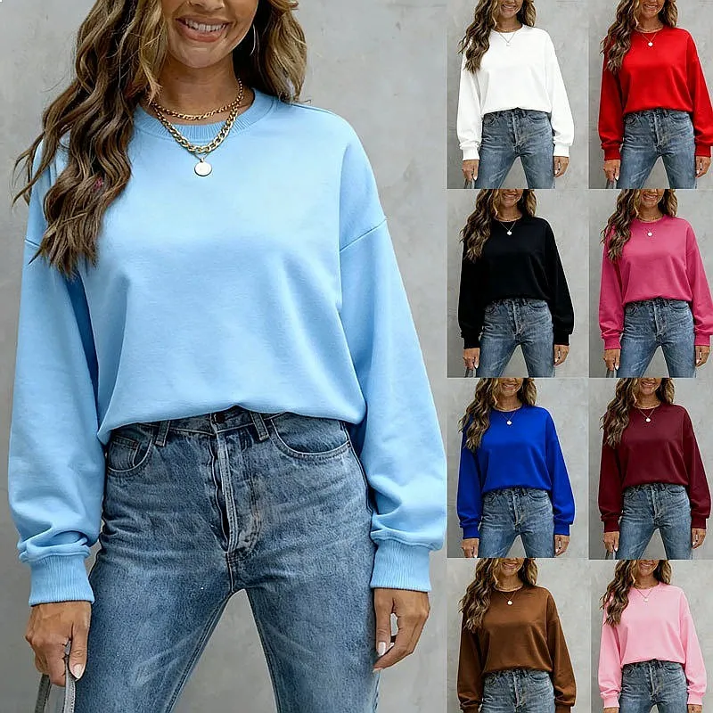 Pure Color Casual Loose Plus Size Crewneck Pullover Sweatshirt Tops Blouse Tee Shirts