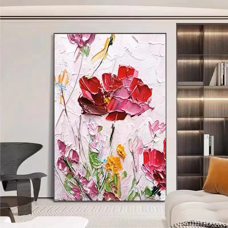 Hand Painted Thick Texture Floral Oil Painting| Vertical Red Rose Canvas Wall Art| Vibrant Modern Decor for Living Room Bedroom