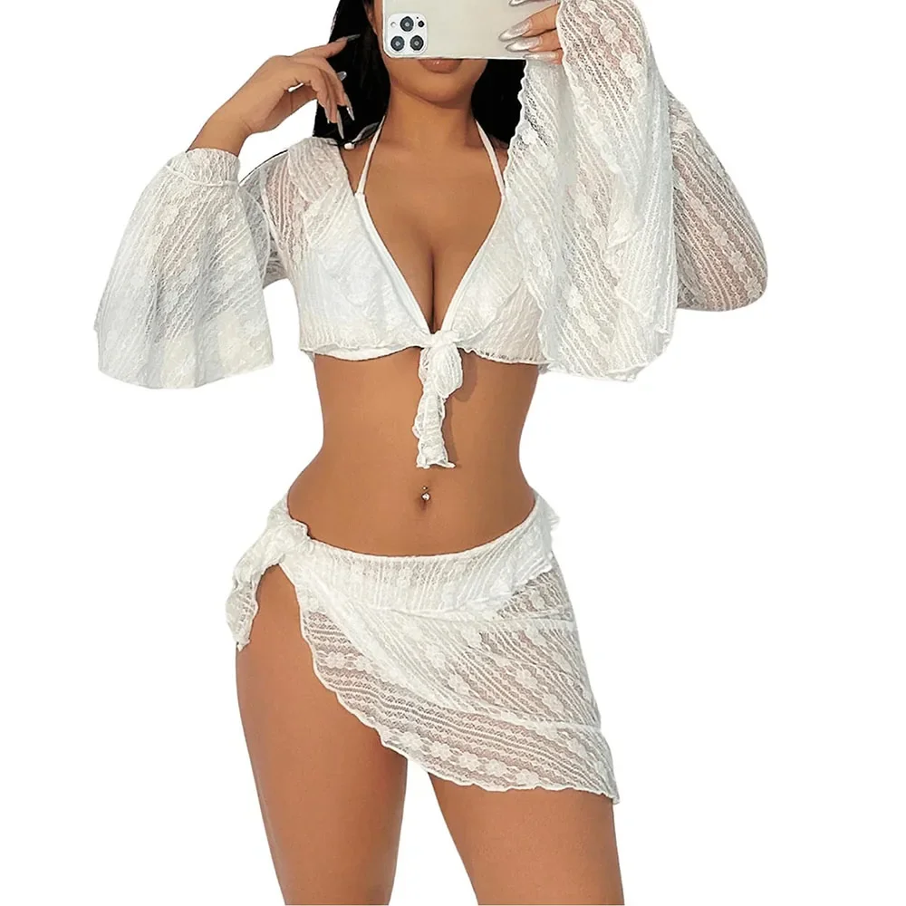 Women's 4 Piece Bikini Halter Neck Triangle Set High Cut Bikini Lettuce Trim Swimsuit Bathing Suit Cover Up Set