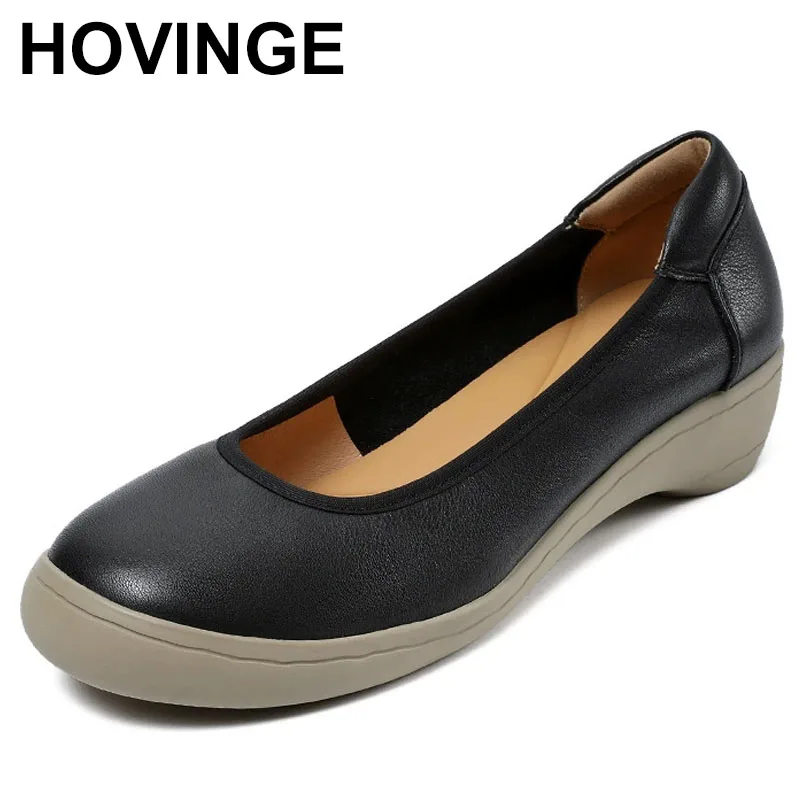 

Fashion Women Pumps Slip On Thick Heel Loafers Genuine Leather Shallow Comfort Soft Round Toe Casual Mother Shoes
