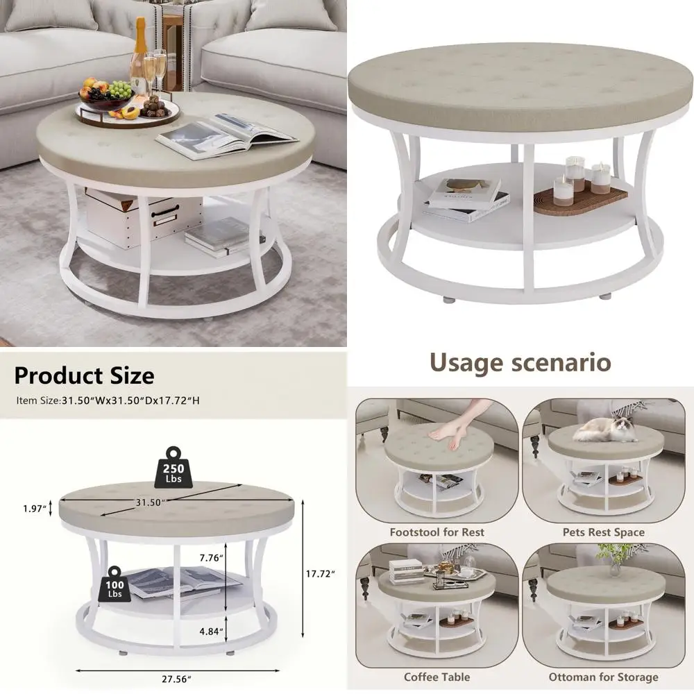 Large Round Storage Ottoman with Upholstered Button Tufted Linen Fabric and Metal Frame