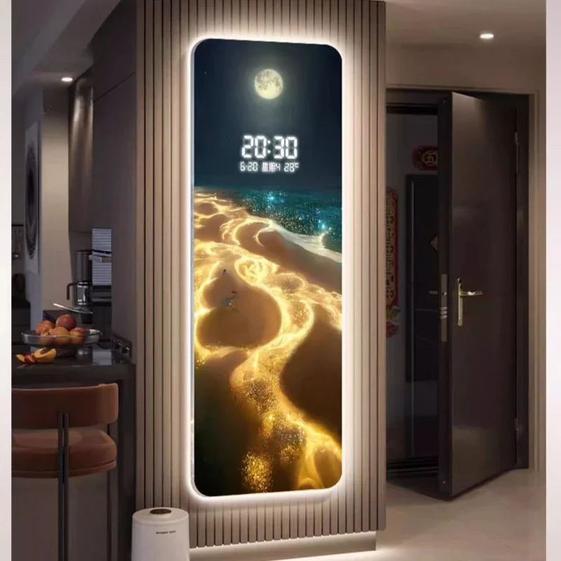 Entrance Decoration, Painted Lights Modern Wave Painting, Living Room Clock, Moon Digital Display Intelligent Electronic Clock