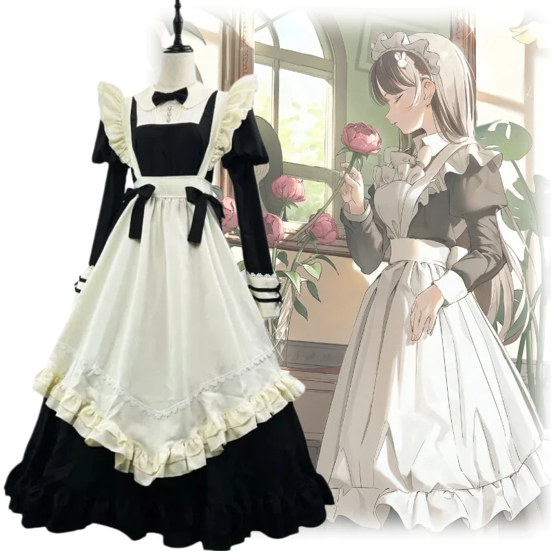 

Maid White Black Long Dress Japanese-style Lolita with Accessories Full Set Coffee Shop Uniform for Women Theme Party