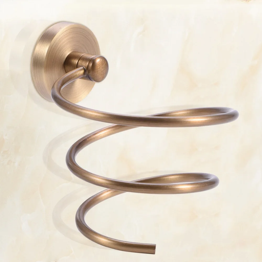 Brass Hair Dryer Holder Yellow Bronze Wall Mount Hair Dryer Wall Rack Antique Design Rust-Resistant Hair Dryer Organizer