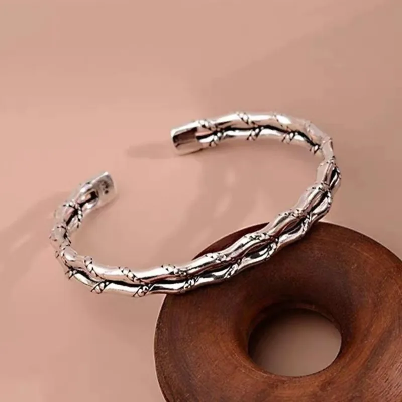 100% Solid 925 Sterling Silver Retro Bracelet for Women Men Vintage Handmade Double Layered Strip Simple Bracelet Birthday Gift