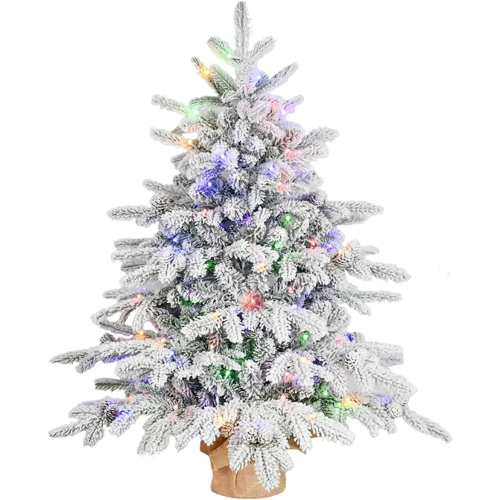 3 ft Pre-Lit Flocked Tabletop Christmas Tree with 100Colorful Lights, 528PE&PVC Tips,Pine Cones,Holiday Decor Christmas Trees.