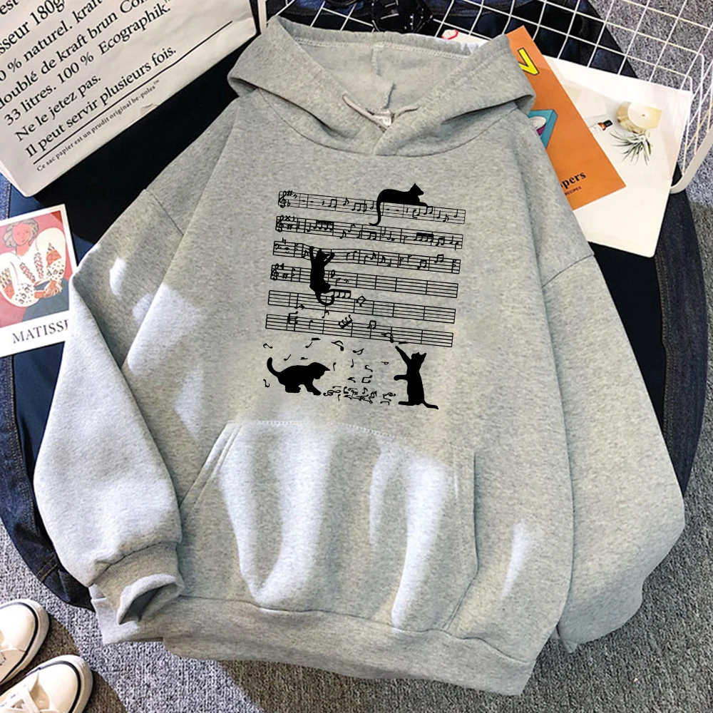 Cat Crawling On Sheet Music Funny Hoodies Men Cartoon Fashion Pullovers Hoody Crewneck Fleece Clothes Autumn Loose Sweatshirt