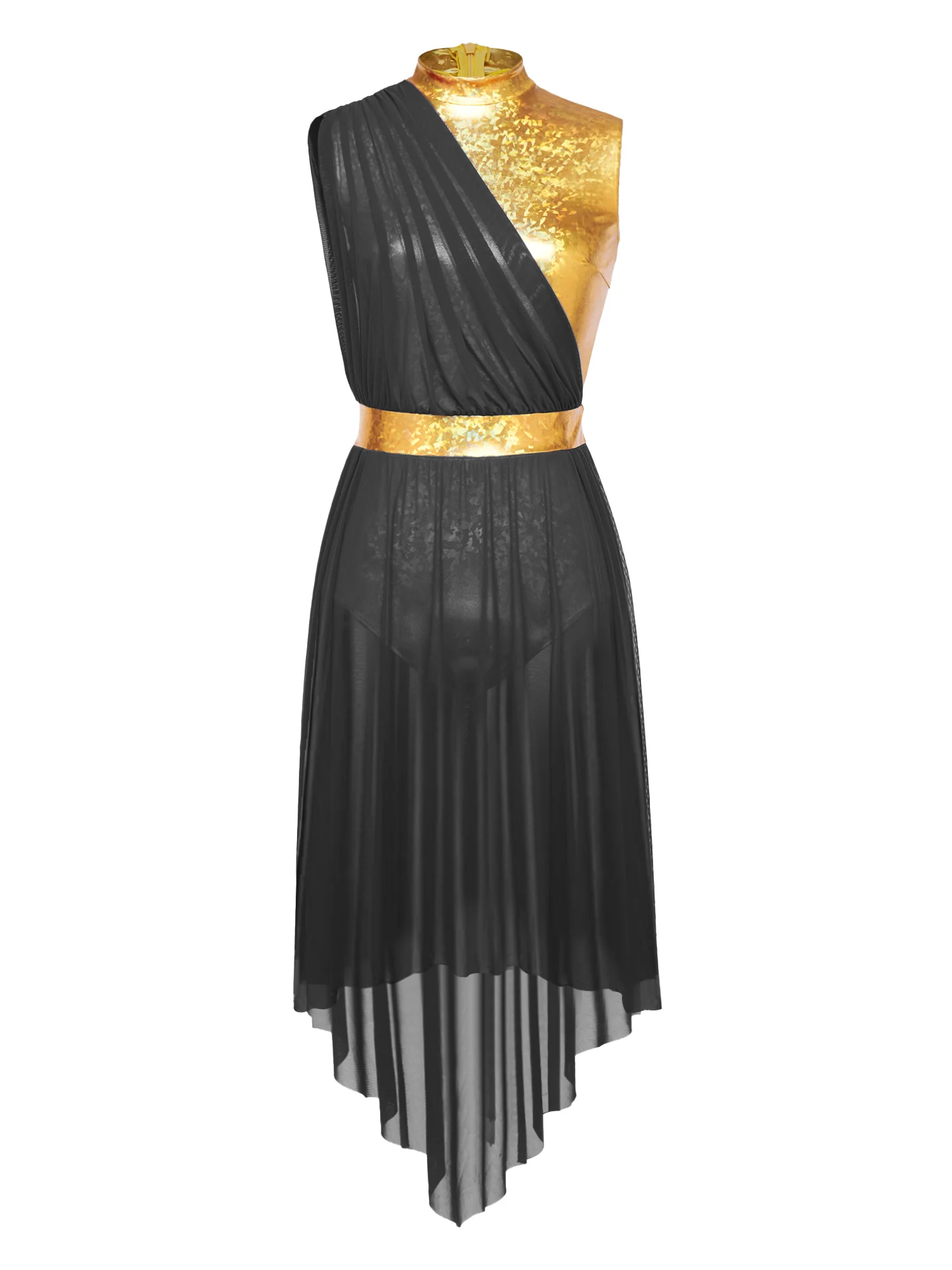 

2026 Hot Sale Women Sparkling Leotard with Flowy Mesh Hem Sleeveless Snap Crotch Bodysuit Dress for Church Liturgical Dance