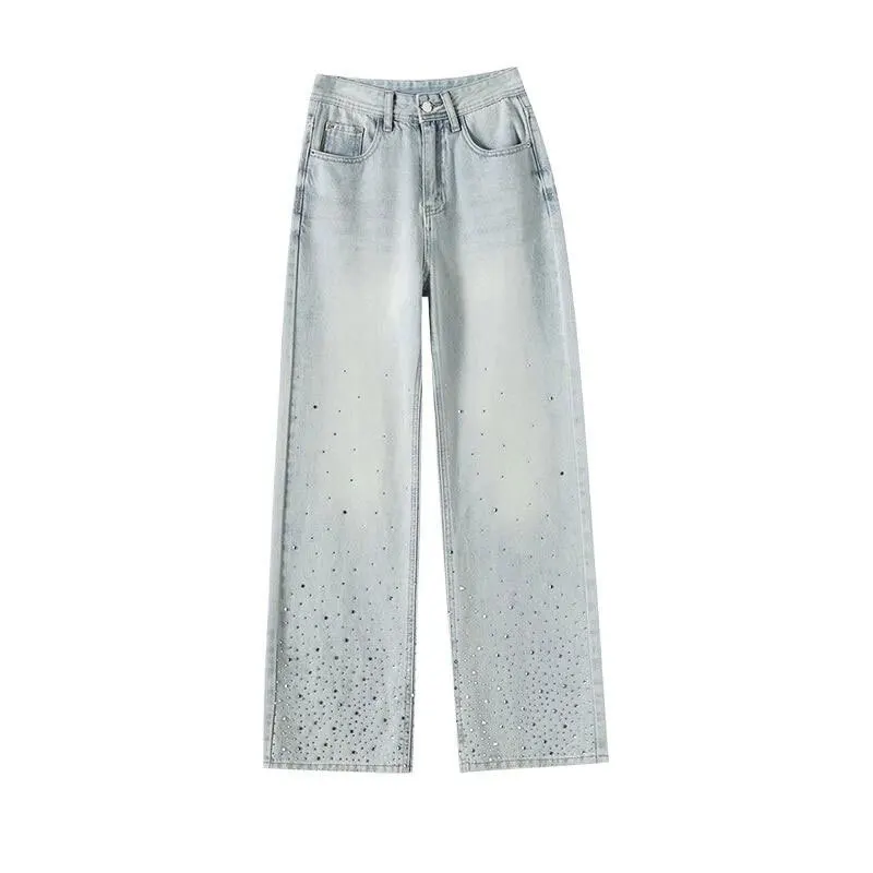 

New Women'S Jeans Vintage Korea Baggy Jeans High Quality Clothing Jeans With Rhinestones High Waisted Straight Leg Pants