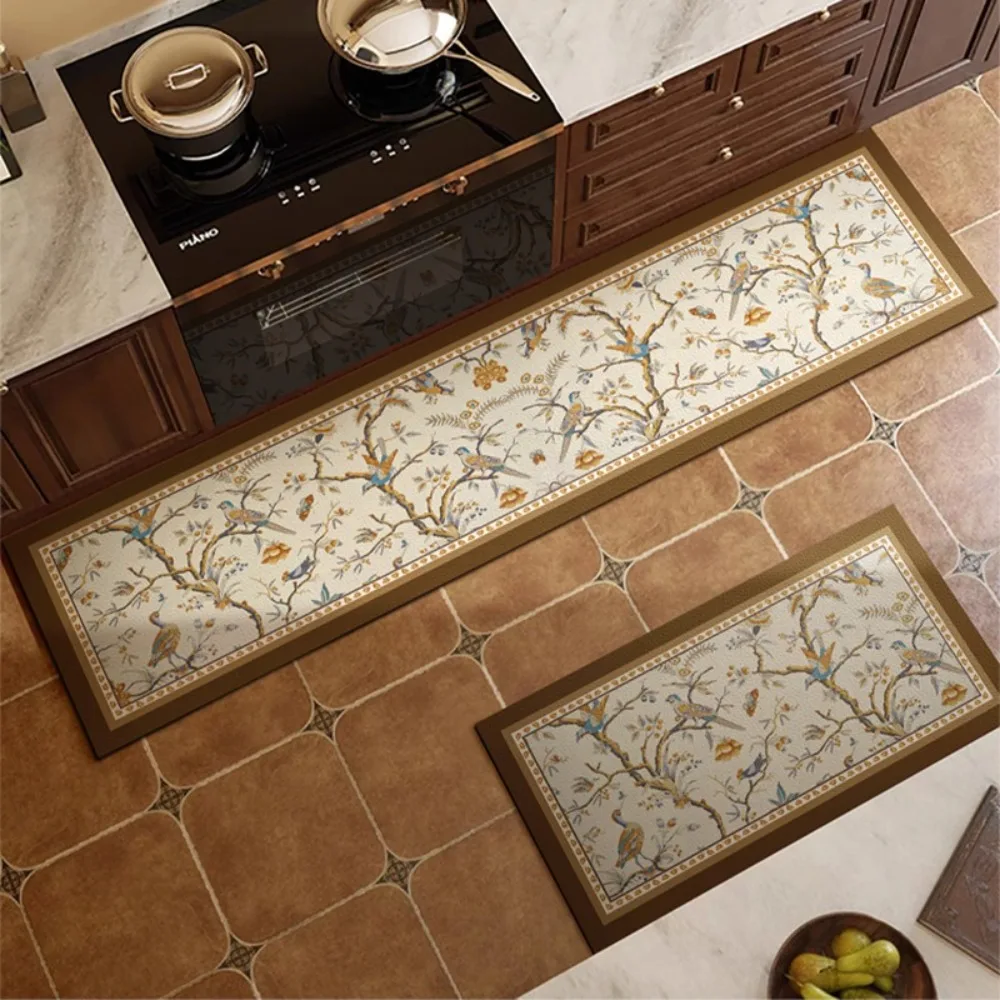 American Retro Flower Kitchen Floor Mat Waterproof PVC Mats Dirt-reistant Non-slip Leather Carpet Customisable Size Ковер Tapete