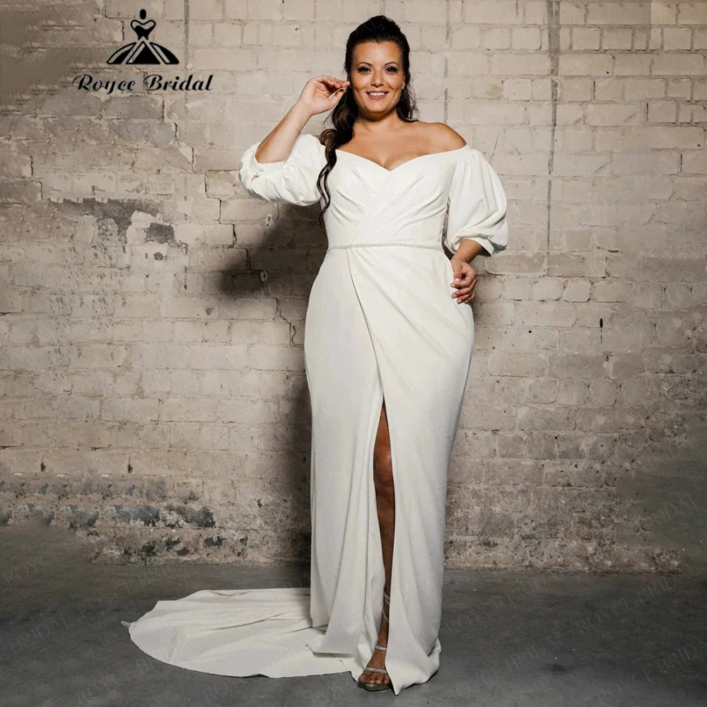 

Roycebridal 2025 плюс размер атласное свадебное платье русалки с v-образным вырезом и открытыми плечами с пышными рукавами по индивидуальному заказу с боковым разрезом Vestidos Elegantes