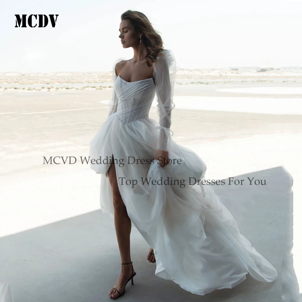 MCDV Customized Gorgeous Beaded Tulle Wedding Dress Long Sleeve Side Split vestidos de novia Strapless Bride Gowns Customized