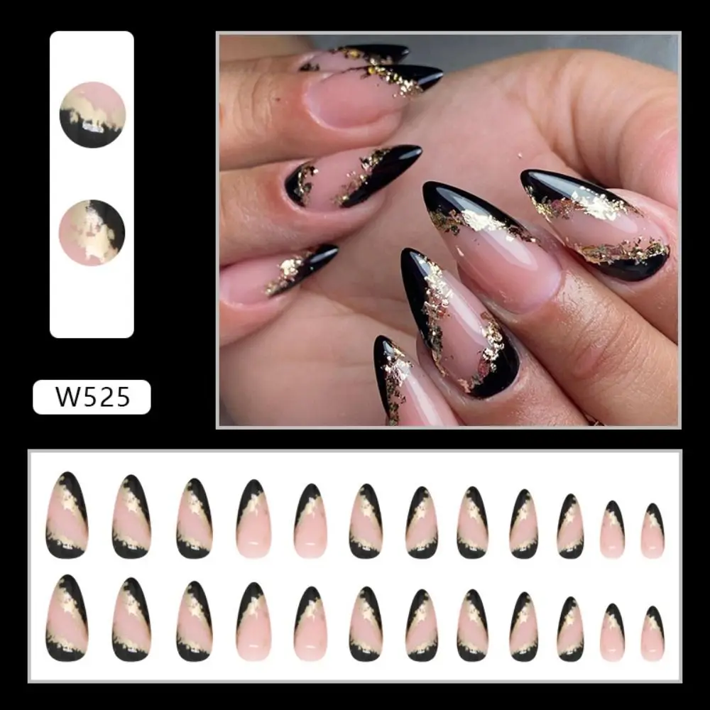 24pcs Manicure Diy Fake Nials False Nails Foil Wavy Leaf French Long Almond