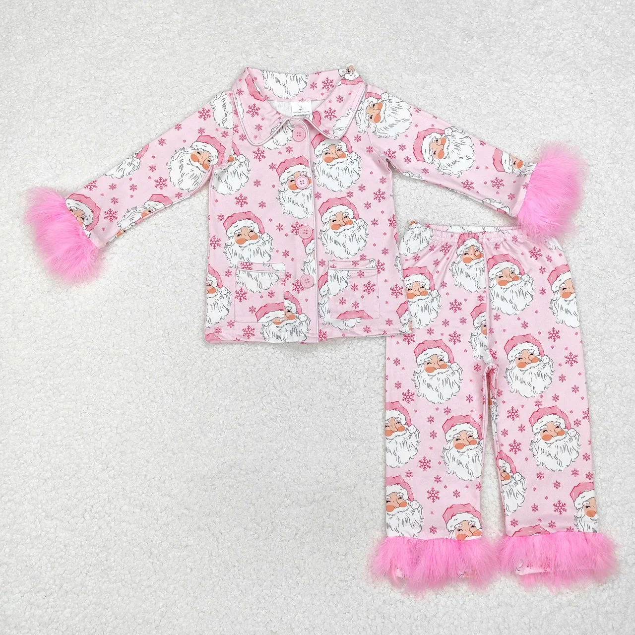 Wholesale Baby Girl Pink Pajamas Set Sleepwear Fur Long Sleeves Christmas Santa Buttons Shirt Pants Children Kids Toddler Outfit