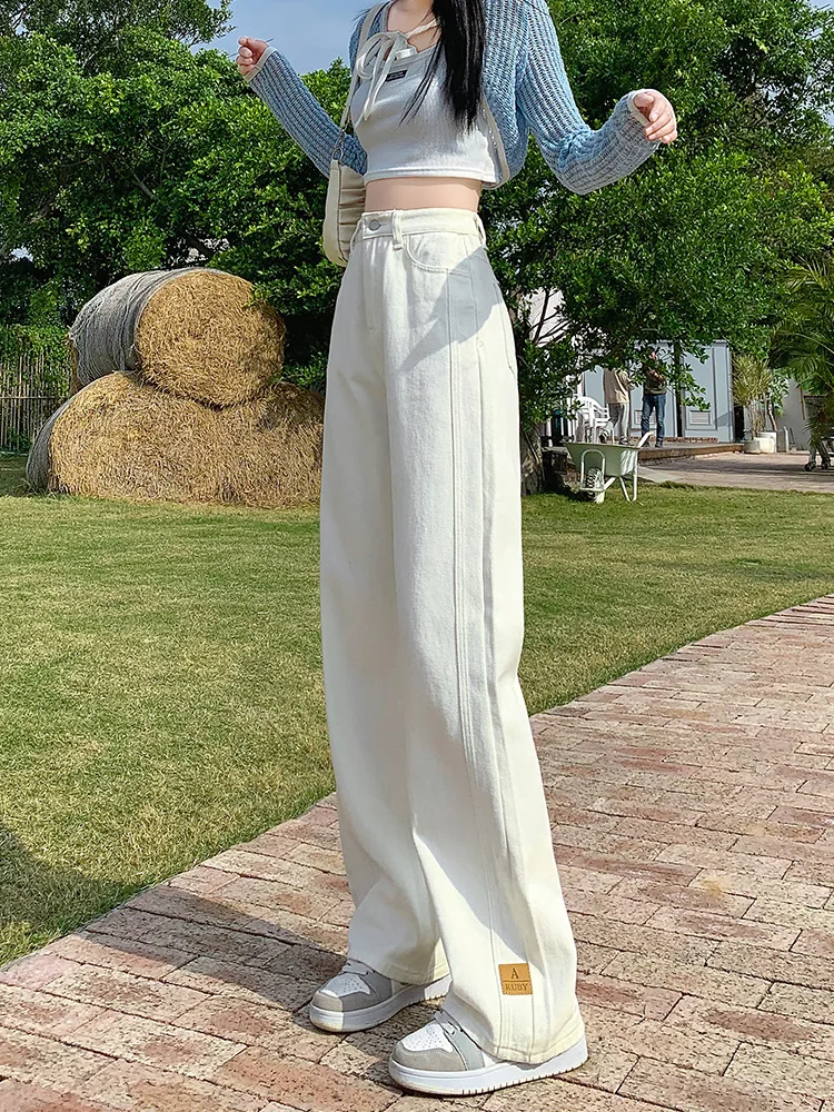 

Джинсы с высокой талией и широкими штанинами для женщин, свободного прямого кроя, весна-осень, новые, больших размеров, стройнящие, струящиеся, длиной в пол