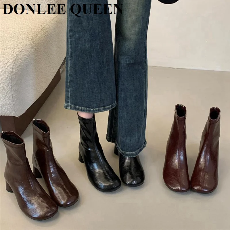 

Korean Style Round Toe Chunky Heels Women Booties Slim Fit Short Boots Fashion Versatile Trendy Botas Winter Shoes Mordern Boots