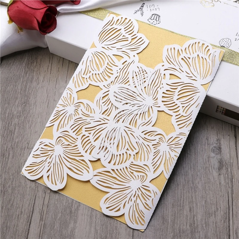 40pcs/pack Iridescent Pearl Paper Wedding Invitation Card Leaves Pattern Invitations Crafts Card Wedding Birthday Baptism Party