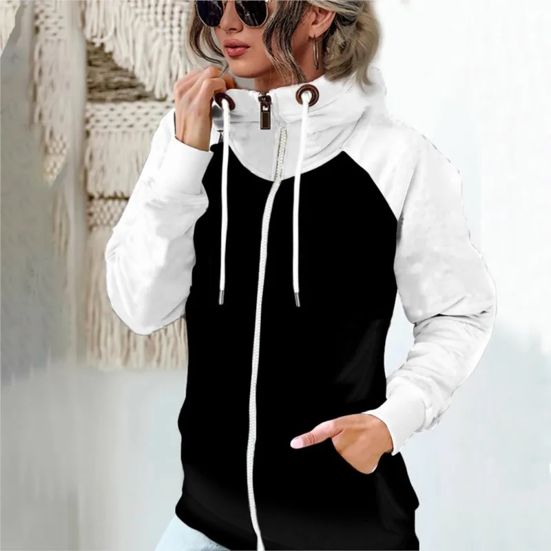 Women Casual Hoodies Autumn Long Sleeve Zipper Drawstring Hooded Sweatshirts Casual Hoodie Lady Fashion Patchwork Sportswear