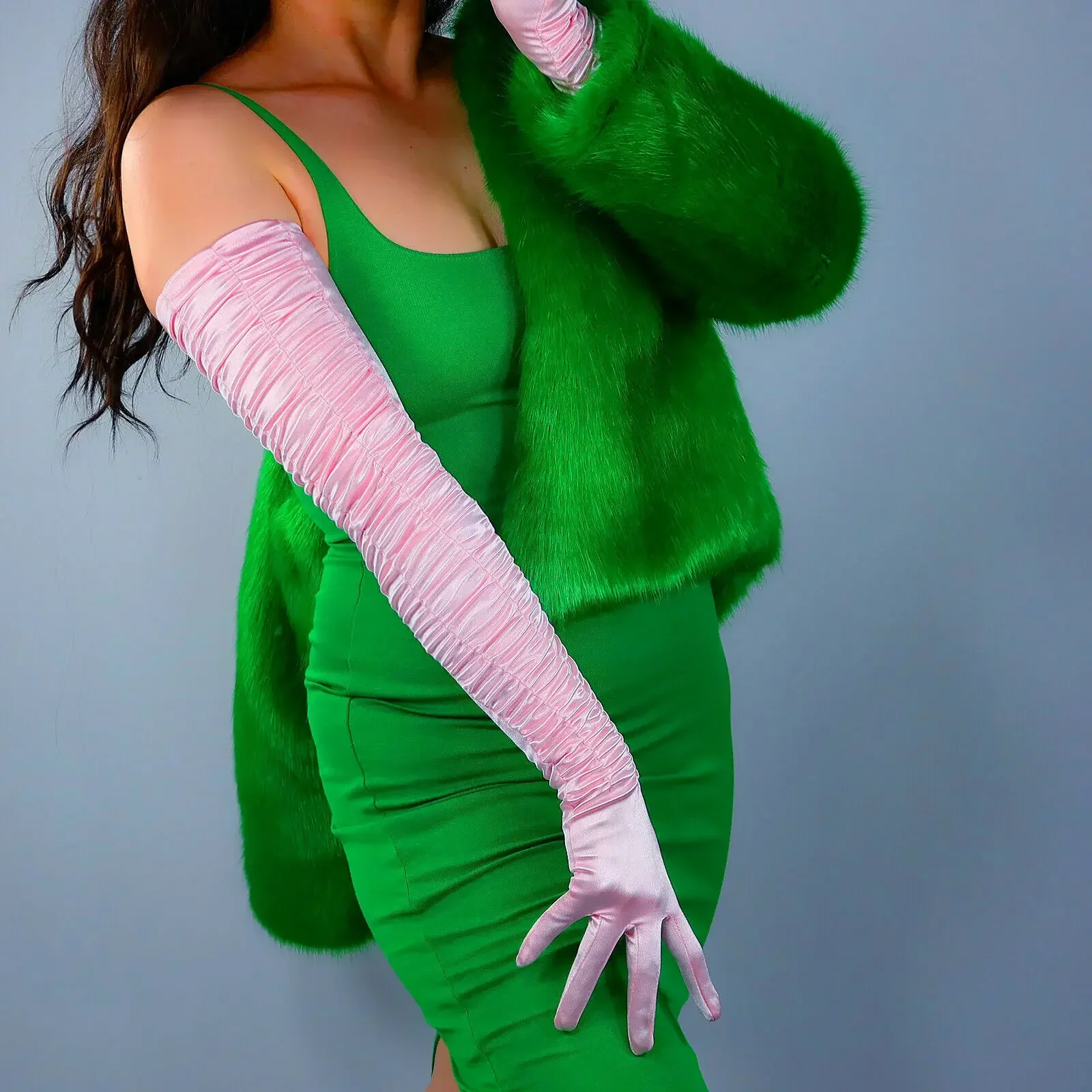 70cm Extra Long Pink GLOVES Satin RUCHED Stretch Silk Gathered Pleated TECH Vintage Fashion 1920s Costume Evening Dressing