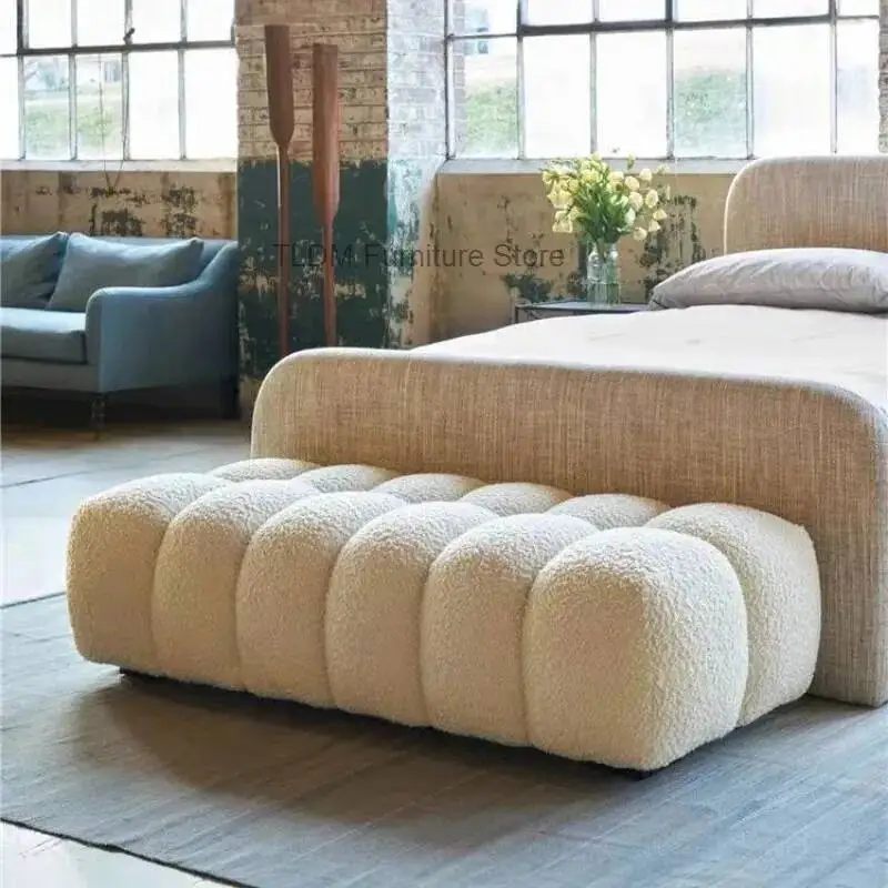 Modern Boucle Channel Tufted Bench Luxury Bubble Ottoman Extra Seating Footstool for Bedroom Living Room Entryway