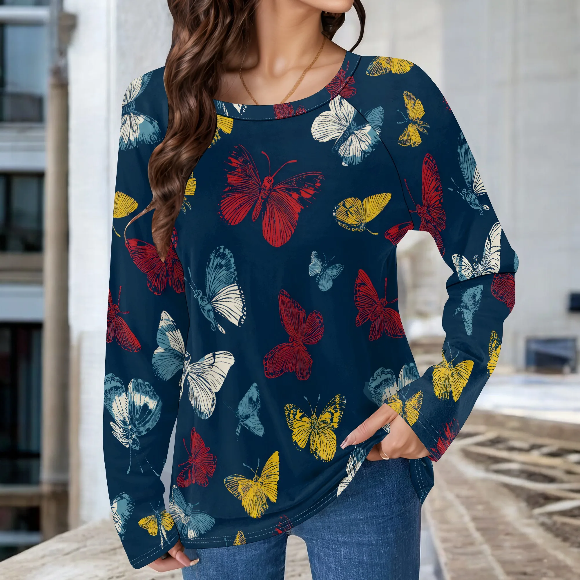 Camicette a farfalla da donna Camicie a tunica a maniche lunghe autunnali eleganti e casual Felpe con pullover grafico vestibilità ampia