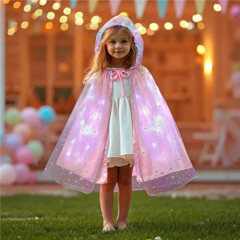 

Накидка принцессы для девочек со светодиодным светящимся капюшоном, двухслойный тюль со сверкающими звездами, легкий вес для и