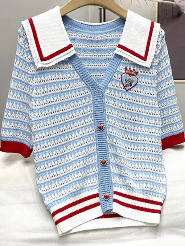 

2023 Summer Navy Collar ort Sve Knitted Sweater Women's Hollow out Heart Bule Striped Hollow out ort Sve Knitwear