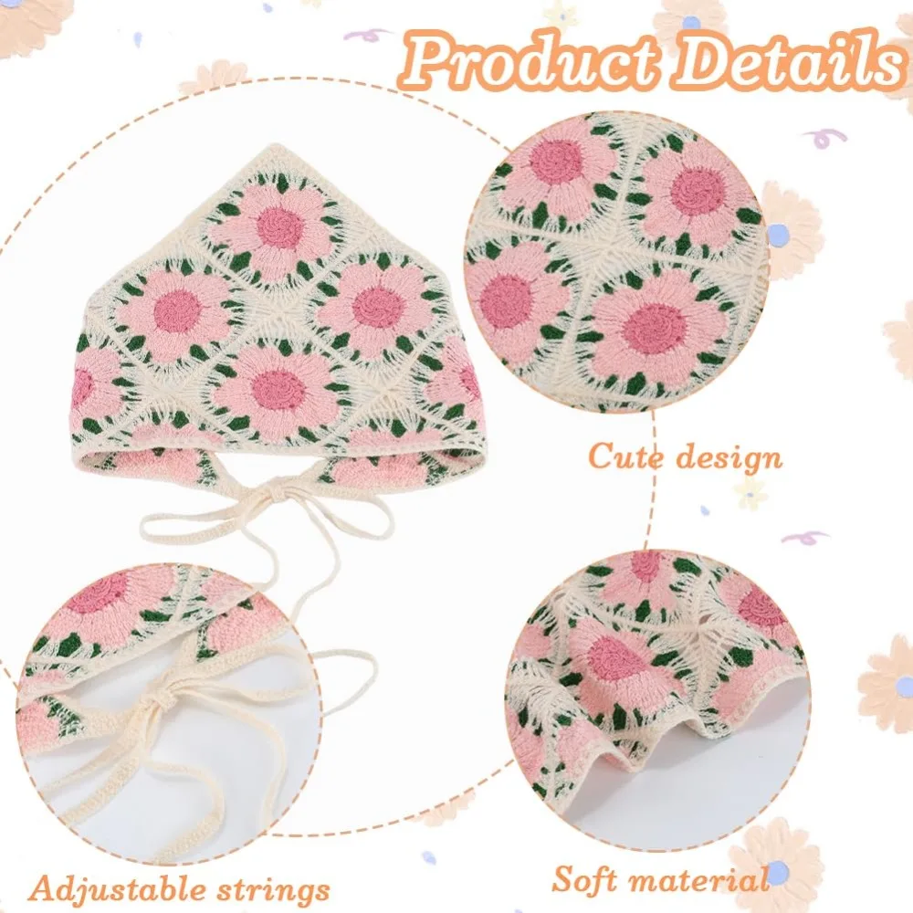Ins Flower Women's Headscarf Knitted Sweet Triangular HairScarf Breathable Handmade Crochet Small Square Scarf for Summer