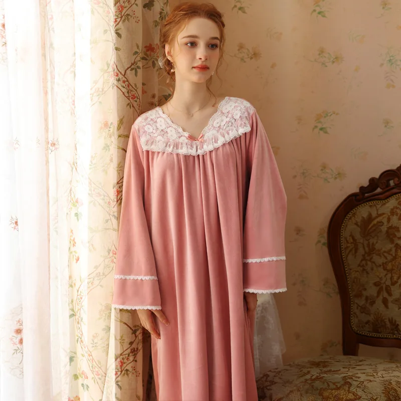 

Winter Velour V Neck Nightdress Sweet Mesh Nightgown Lace Princess Sleepwear Nightwear Vintage Women Loose Night Dress