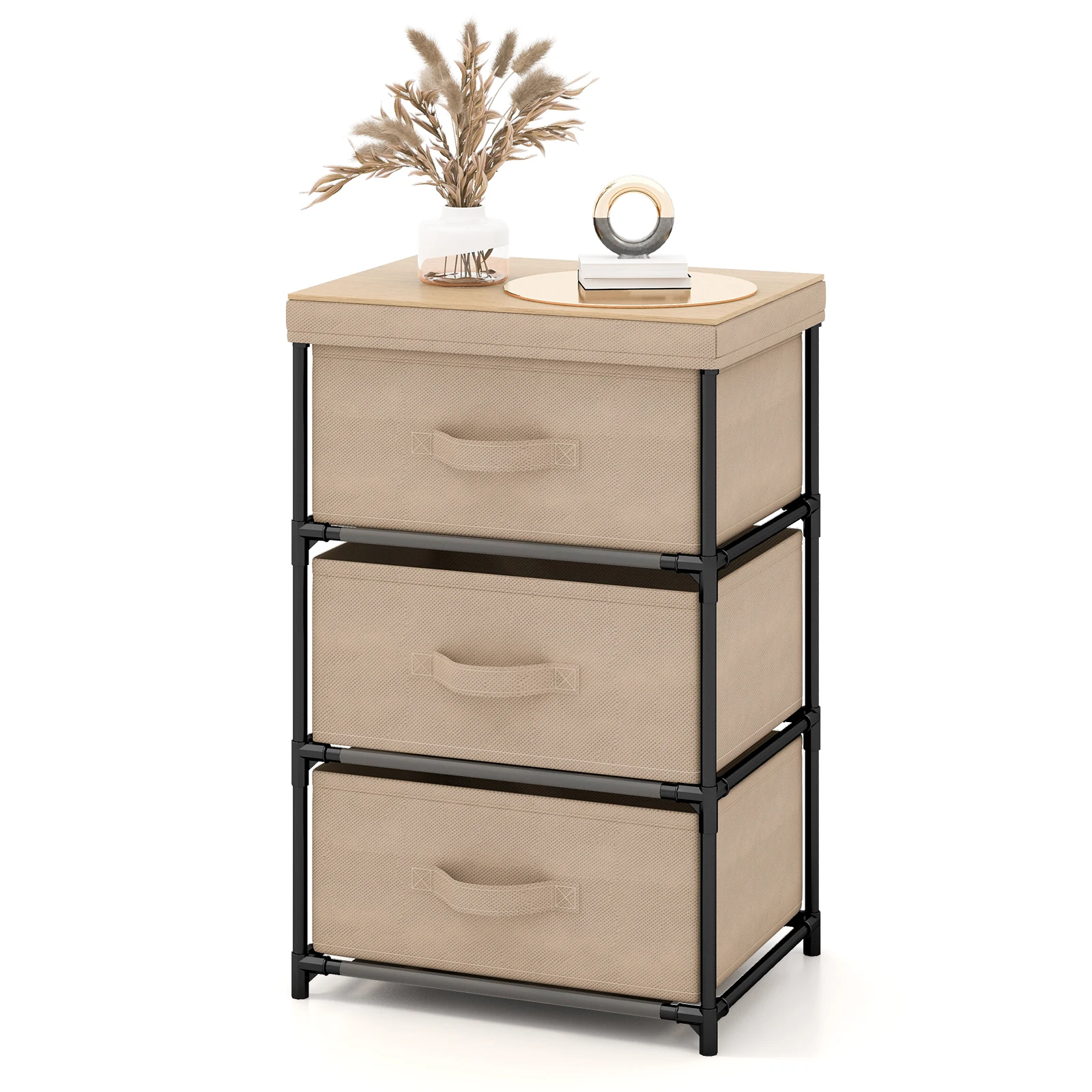 GOFLAME 3-Tier Fabric Dresser Fabric Nightstand w/ 3 Drawers & w/ Sturdy Metal Frame Light Coffee