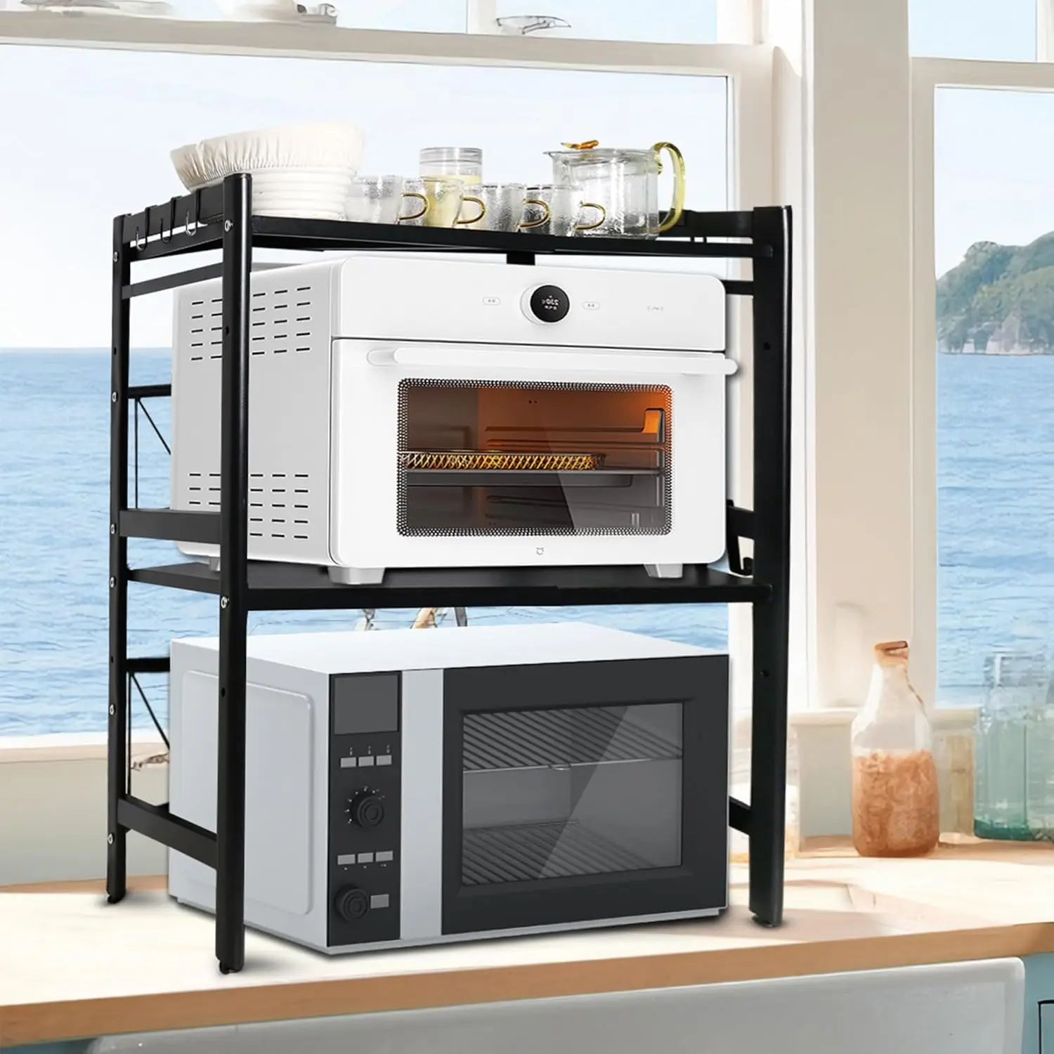 

3-х уровневая расширяемая полка для микроволновой печи, 15,7–23,6 дюйма, сверхпрочный стальной кухонный органайзер с крючками и держателем разделочной доски