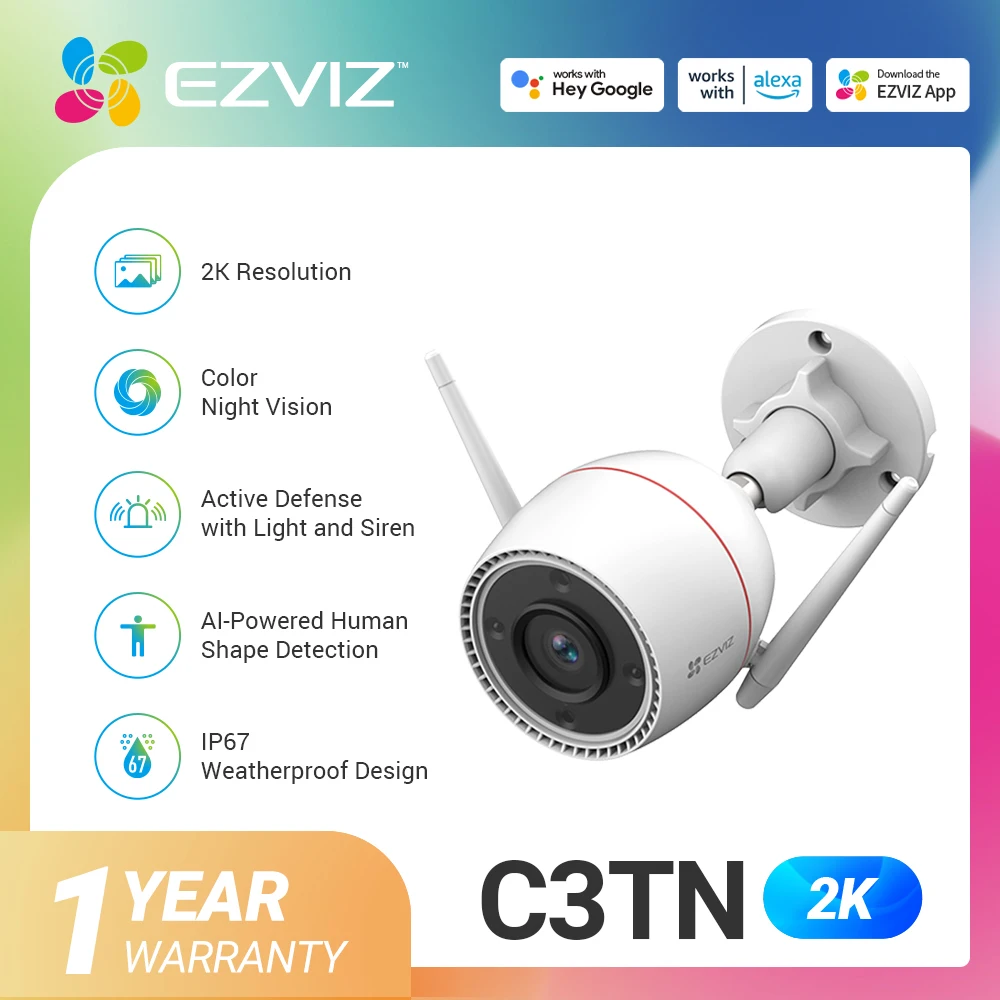 EZVIZ Cámara de seguridad C3TN OutPro 2K, visión nocturna en color de 30 m con detección de movimiento humano AI, defensa activa, conversación bidireccional, IP67