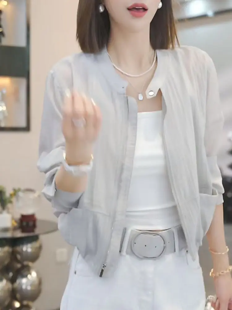

2026 Summer New Fashion Temperament Casual Thin Coat Women's Large Size Short Zipper Jacket Fashion Sun Protection Clothing 4XL