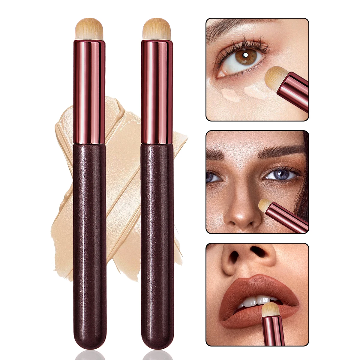 2PCS Portable Round Blush & Lip Brushes, Quick Concealer/Multi-Use Tools, Soft Travel Makeup Kit for Beginners