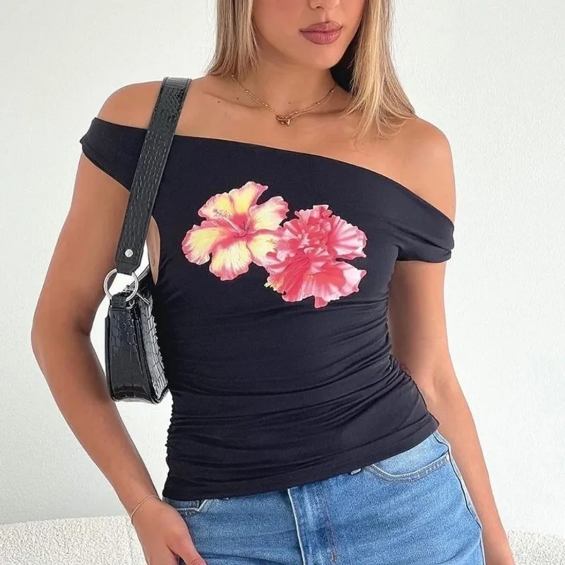 

Summer Elegant Printed Diagonal Collar Ruffle Sexy Umbilical Tank Top Slimming Casual Women's Streetwear