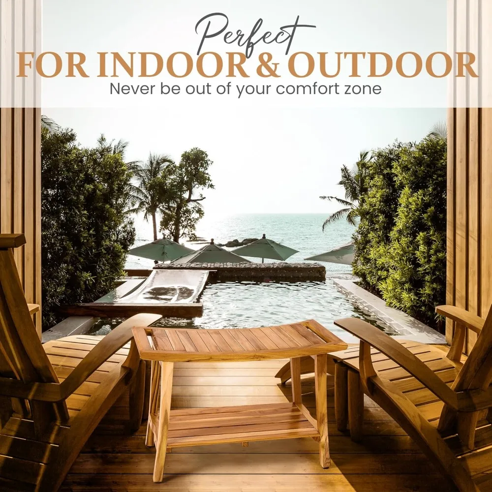 مقعد استحمام أنيق من خشب الساج مع رف مدمج ومقابض سهلة الإمساك