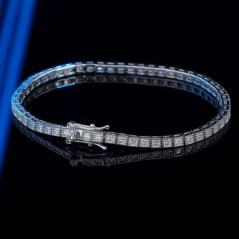 

LYCFN 2MM Full Moissanite Tennis Bracelets for Women Princess Square Cut Lab Diamond S925 Sterling Silver Bangle Jewelry