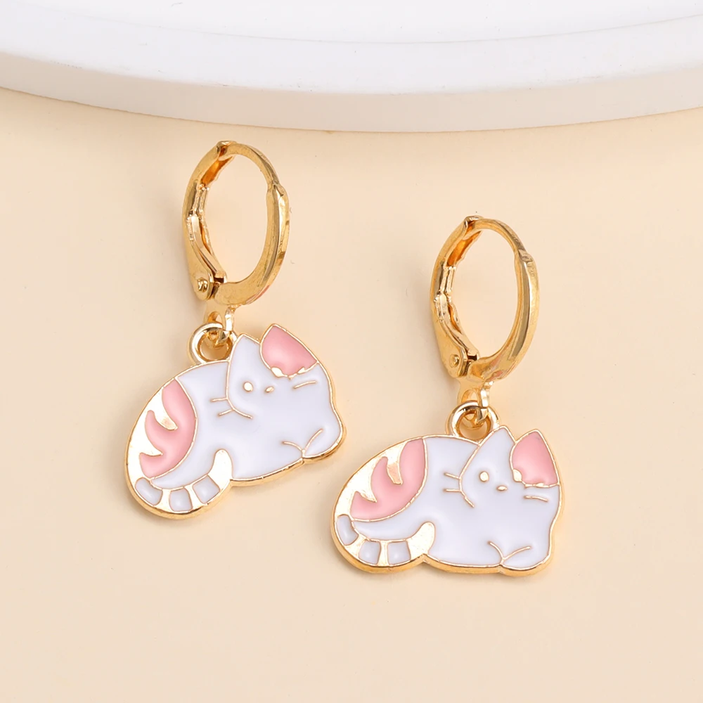 A Pair Gold Color Alloy Enamel Charms Kawaii Cat Dangle Earrings For Women Girls Fashion Animal Drop Earring Party Jewely Gifts image 4