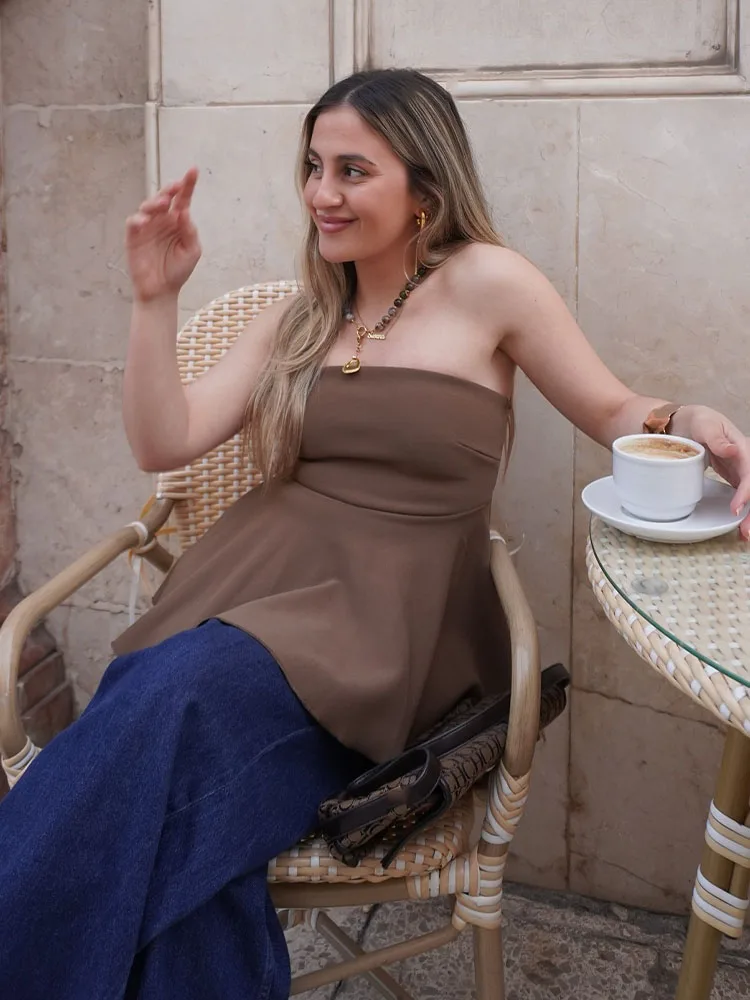 

HH Women New Fashion Pleated Sleeveless Back Zipper Strapless Top+Summer A-Line Asymmetric Decorate Midi Skirt Solid Suit