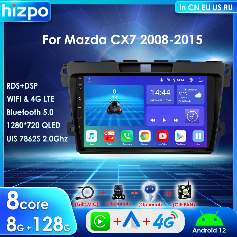 Hizpo 9'' 2din Car Radio For Mazda CX7 2008-2015 Android 12 Carplay Multimedia Player GPS Navigation BT Stereo RDS 4G FM DSP IPS