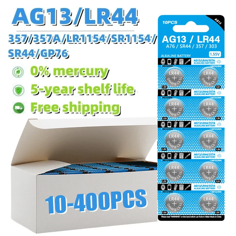 10-400PCS LR44 AG13 Button Cell Battery 1.5V 357 SR44 RW82 LR1154 A76 Button Coin RW82 SR1154 SP76 Watch Toys Remote Batteries