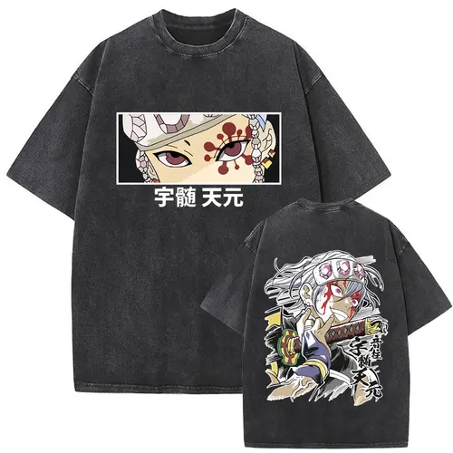 Imagen 2 del producto Camiseta Vintage lavada de Anime Demon Slayer Uzui Tengen con estampado de doble cara, camisetas informales de manga corta de gran tamaño para verano para hombres y mujeres