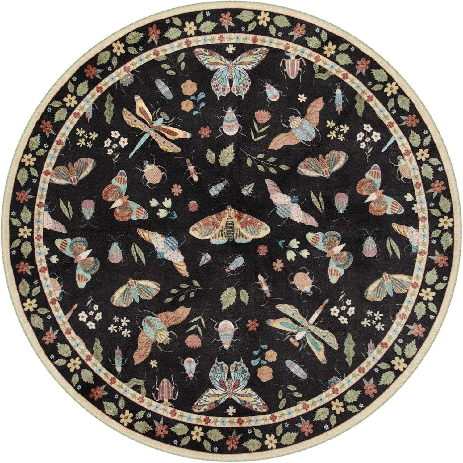 Green Insect Floral Round Rug – Washable Living Room & Bedroom Floor Mat, Holiday Home Decor Gift