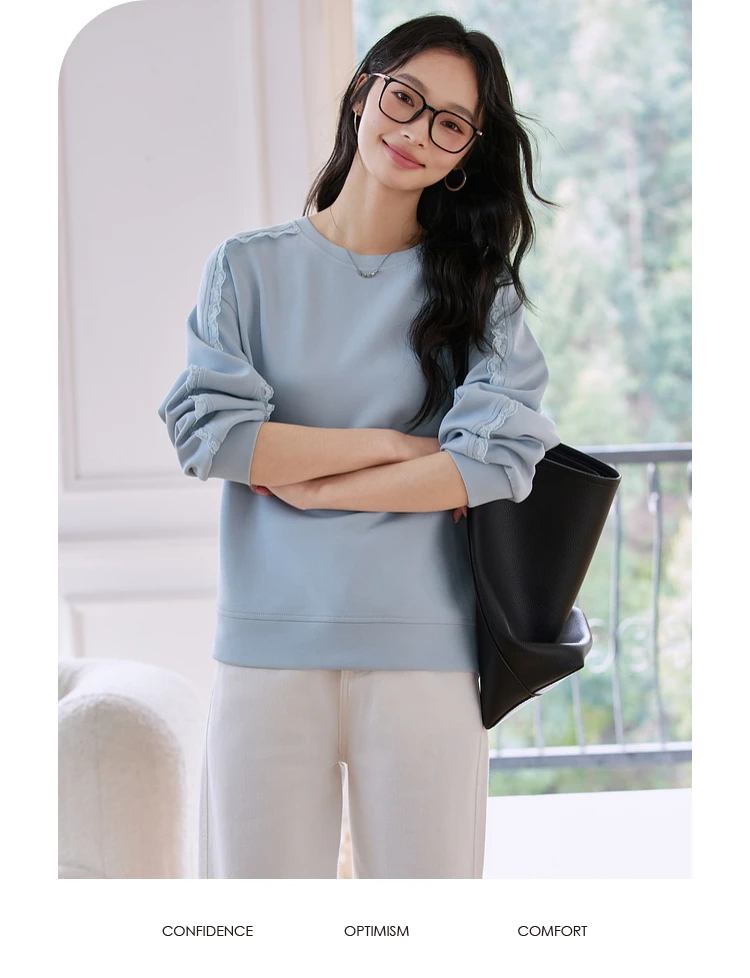 VIMLY Women's Sweatshirt 2025 Spring Autumn Casual Blue Lace Loose Pullover Cotton Blend Long Sleeve Top Female Clothes A0656