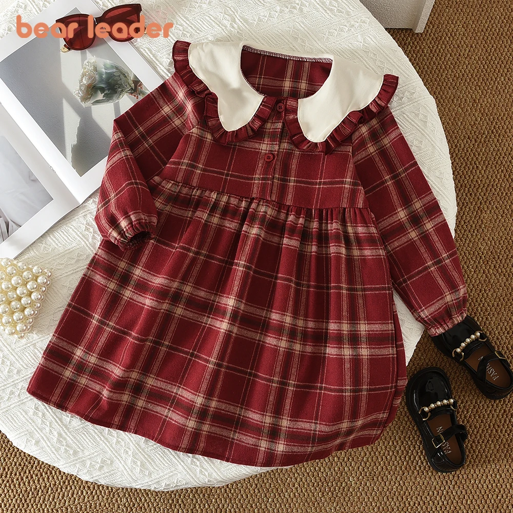 Bear Leader Korean Style Red Checkered Print Autumn Girls' Dresses Christmas Kids Clothes Color Blocked Lapel Long Sleeved Dress