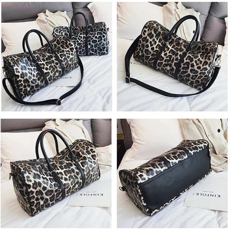 Bolso de viaje de gran capacidad para mujer, bolsa de equipaje de hombro con estampado de leopardo, bolso de fin de semana nocturno