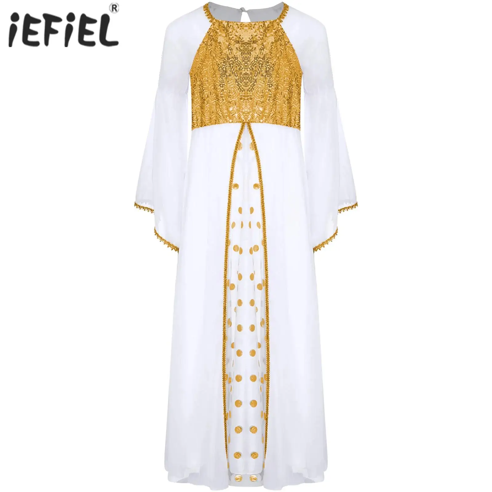 

Kids Girls Angel Costume Halloween Cosplay Long Dress Sequin Long Gown Square Neck Elbow Elastic Band Flare Sleeve Flowy Chiffon