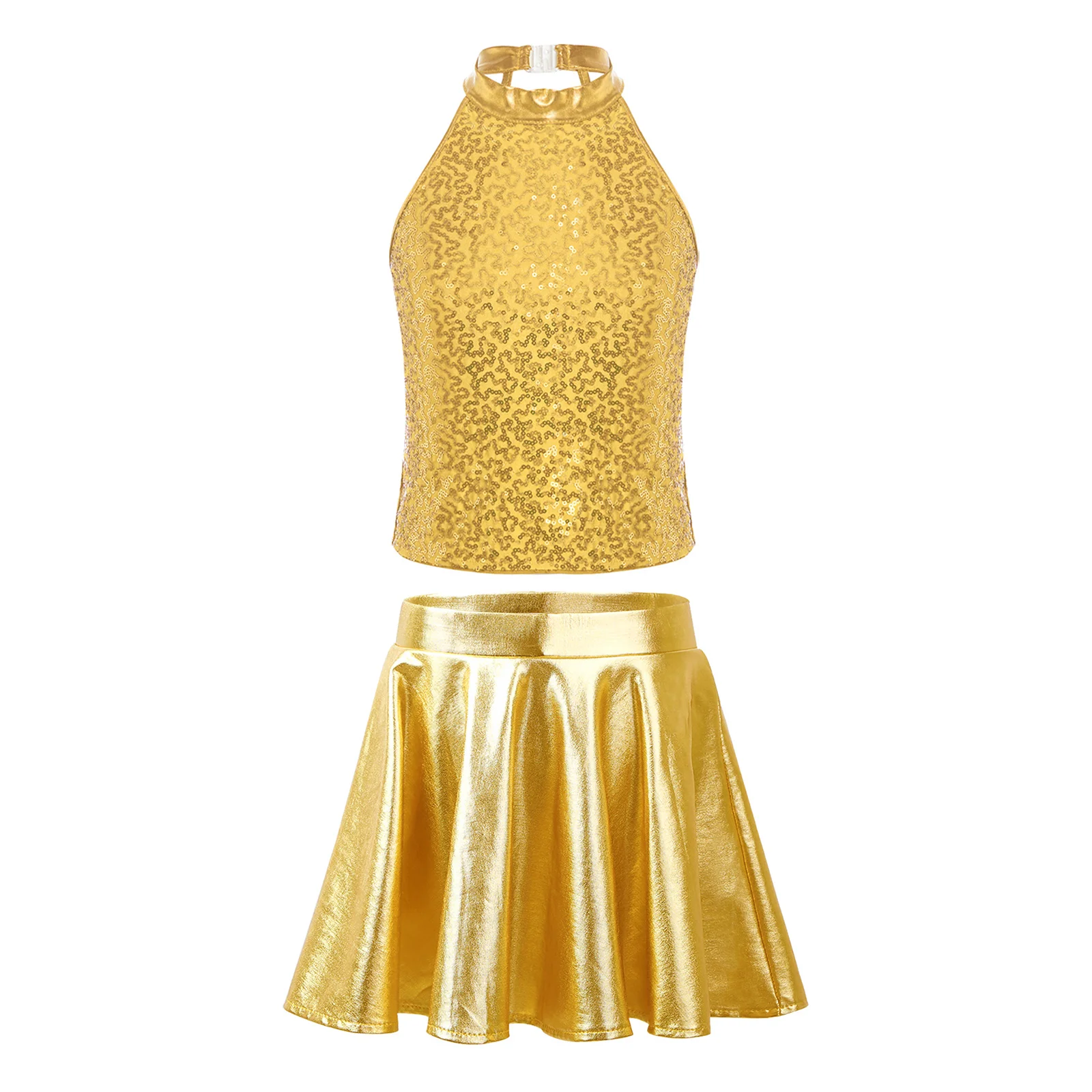 

Girls Sparkling Sequin Jazz Dance Top Sleeveless Backless Halter Crop Top with Metallic Skirt for Cheerleading Jazz Performance